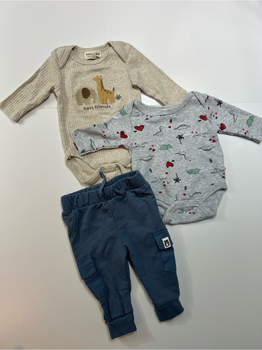 3-Piece Baby Onesie and Pants Set - Beige & Gray & Blue